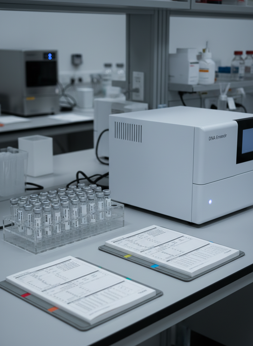 An orderly laboratory benchtop dedicated to precision oncology, with labeled transparent sample vials neatly aligned in a frosted acrylic rack, next to a modern white benchtop sequencer with a subtle LED status light glowing soft blue. Clean lab notebooks with gray covers and color-coded tabs lie open to printed gene profiles in restrained, monochrome graphics. The surface is a spotless, light gray resin that reflects just a hint of the equipment above. Cool, diffused overhead lighting minimizes harsh shadows, creating a calm, clinical atmosphere. Photographed from a slightly elevated angle with moderate depth of field, the background gently blurs to show additional equipment and shelves, maintaining a minimalist, corporate realism that emphasizes rigorous, methodical analysis without visual clutter.