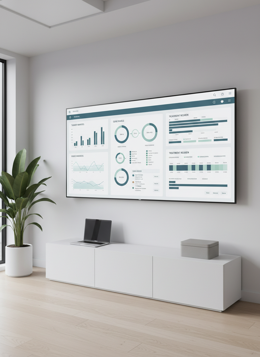 A large, wall-mounted digital medical dashboard in a modern oncology workspace, displaying organized charts of tumor markers, gene panels, and treatment timelines in cool blues and muted greens against a crisp white interface. Below the screen, a minimal white console holds a closed silver laptop and a small, matte-gray storage box. The room features smooth pale walls, a light wood floor, and a single indoor plant in a simple white planter, slightly out of focus. Cool, even overhead lighting and faint window light create a neutral, shadow-softened environment. Captured from a slightly angled perspective using the rule of thirds, with strong lines and sharp focus throughout, the photographic and structured composition communicates data-driven precision and methodical cancer care.